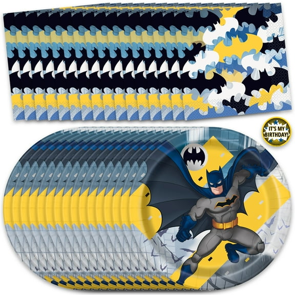 Baman Plates and Napkins for Birthday Party - 16 Batman Plates, 16 Batman Napkins, 1 Sticker