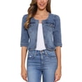 thumbnail image 1 of CHAQUETA DE JEAN CORTA SIN CUELLO PARA MUJERES CON MANGAS 3/4 EN GRIS AZUL XL, 1 of 6