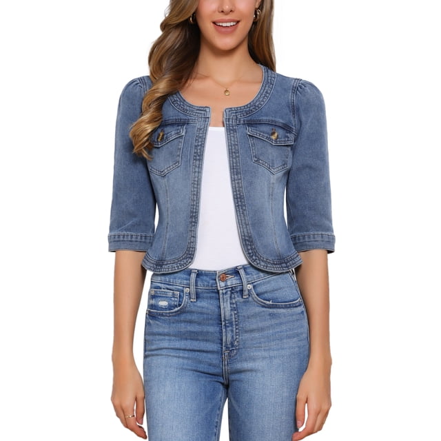 CHAQUETA DE JEAN CORTA SIN CUELLO PARA MUJERES CON MANGAS 3/4 EN GRIS AZUL XL
