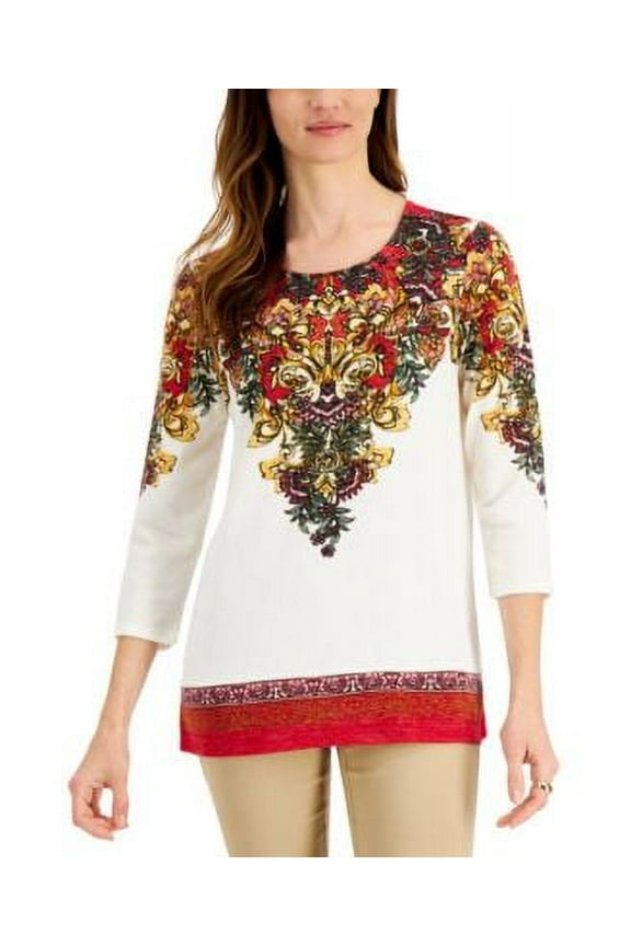 $55 Jm Collection Petite Paisley 3/4-Sleeve Scoop-Neck Top Size Petite Petite