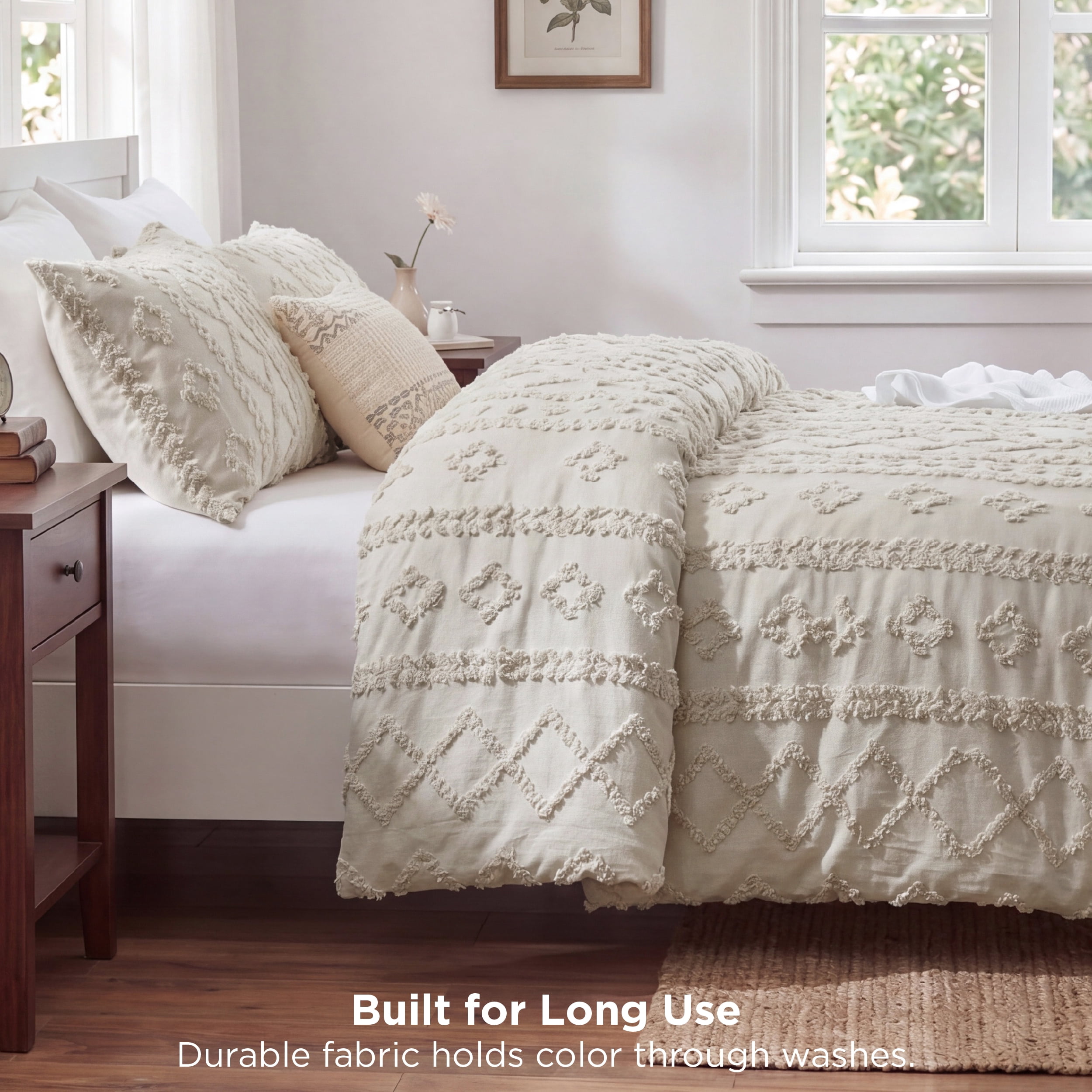 U by Bedsure Queen Tufted Boho Comforter Set, 3 Pieces Farmhouse Shabby Chic Embroidery Linen Bedding Set, Soft Jacquard Comforter for All Seasons, Natural