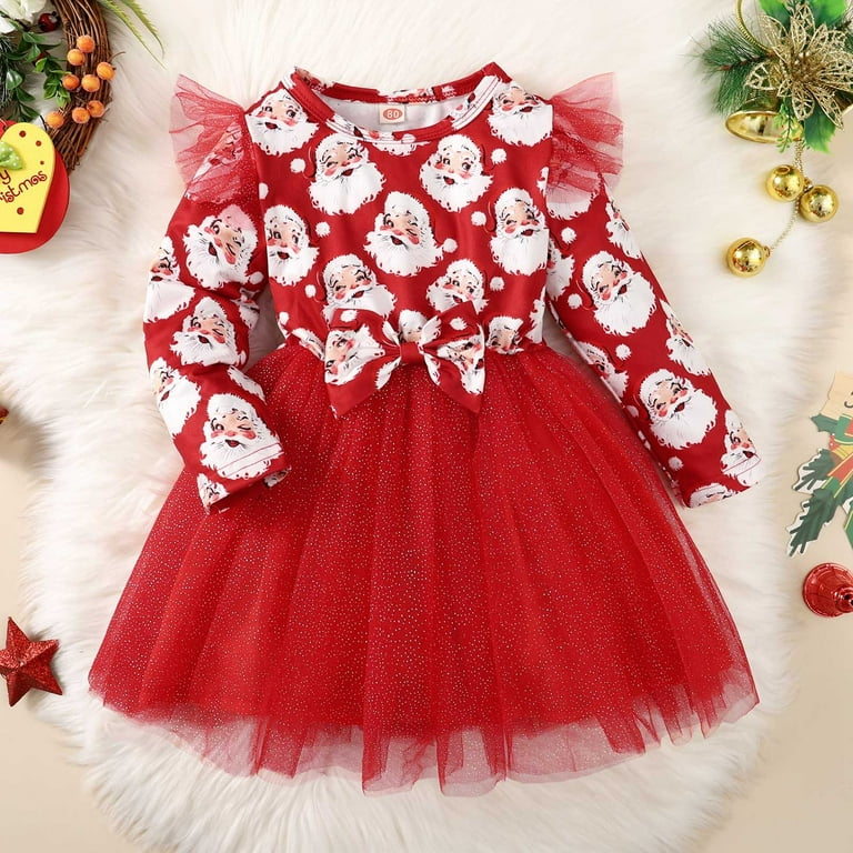 Zrbywb Girls Dress Girls Child Christmas Long Sleeve Santa Prints Tulle Dresses Bow Tie Fluffy Princess Dress Party Dresses