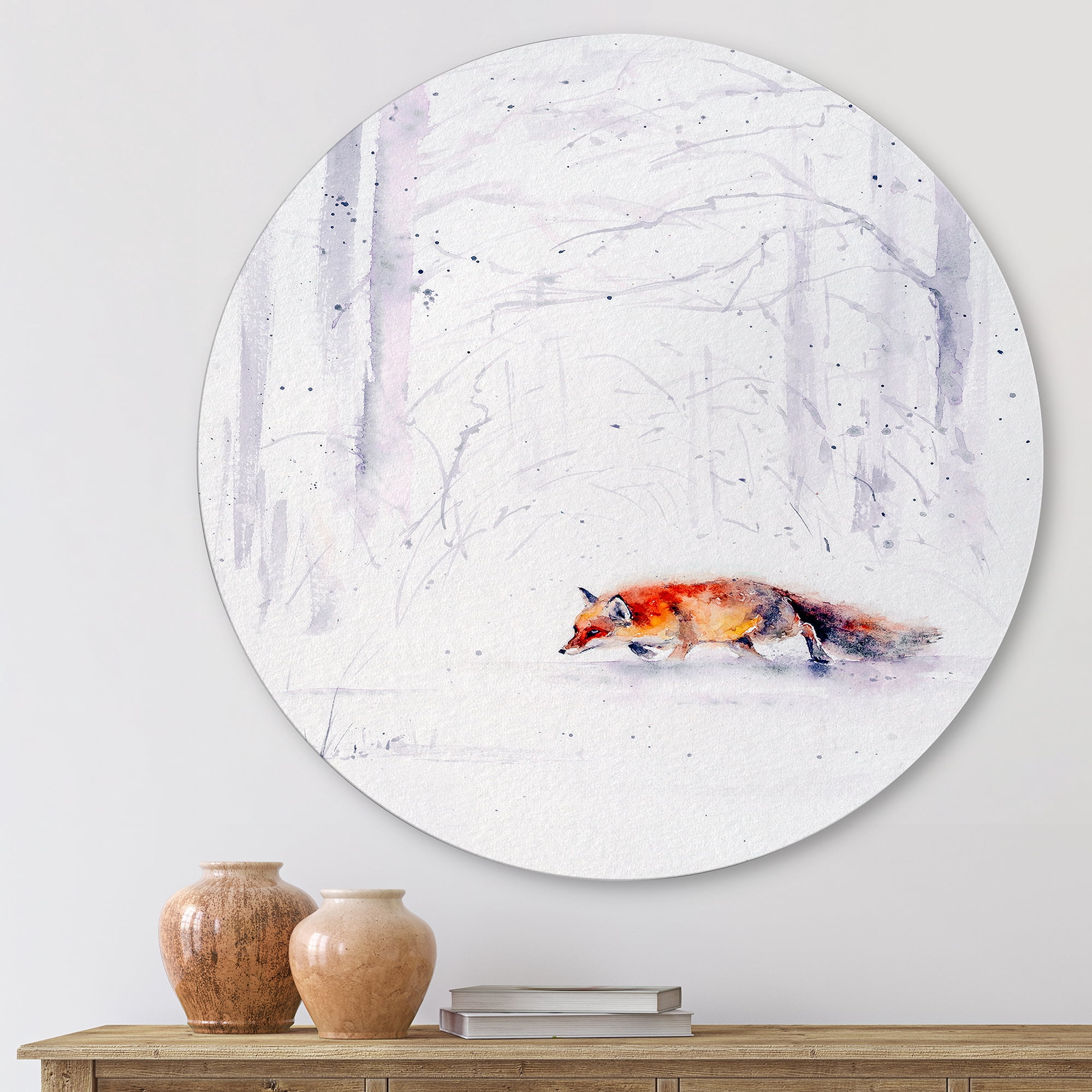 Red Fox Running In White Snow in Countryside II 11 in x 11 in Painting Art Prints, by Designart