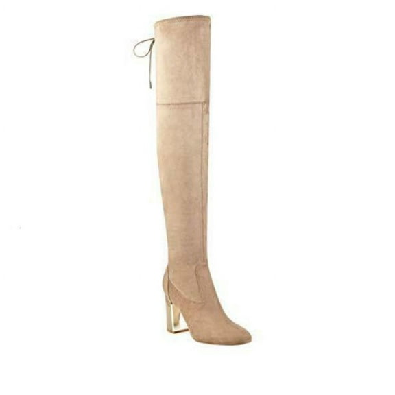Guess Abegail 7.5 Taupe Beige Nude Fabric Over Knee High Party Boots Block Heel
