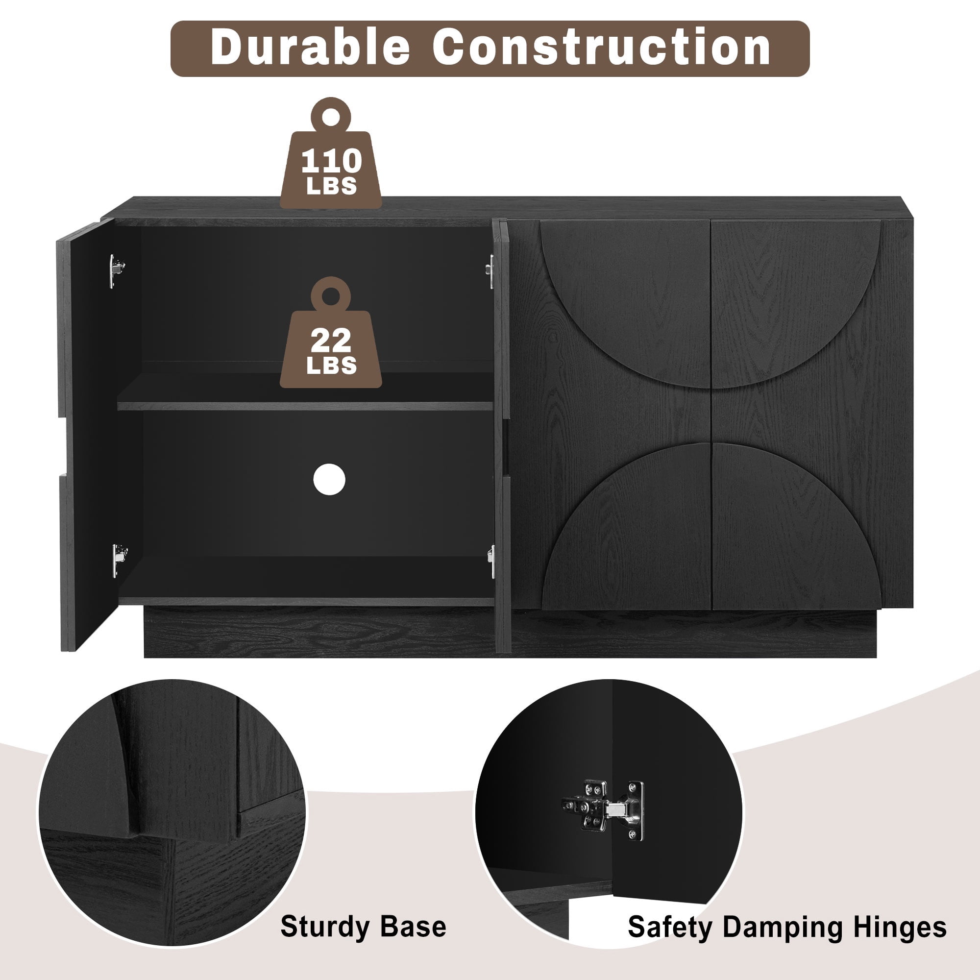 PORKISS Sideboard Buffet Cabinet with Storage, Modern Coffee Bar Credenza with 4 Semi-Circular Doors, Wood Entryway Cabinet with 3-Level Adjustable Shelves for Dining Room, Kitchen, Black