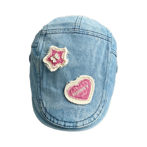 Gorra plana de mezclilla unisex con parches de estrellas y corazones, 23 x 13 x 16 cm