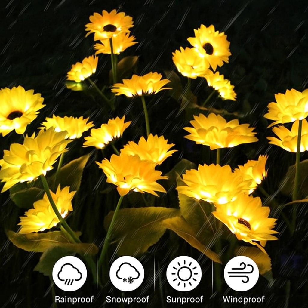 Solar Sunflower Garden Lights Outdoor - Waterproof 3-Head LED Pathway Lights for Yard, Patio & Walkway Decor, Auto On/Off, 29.6" Tall Yellow Flower Solar Lights