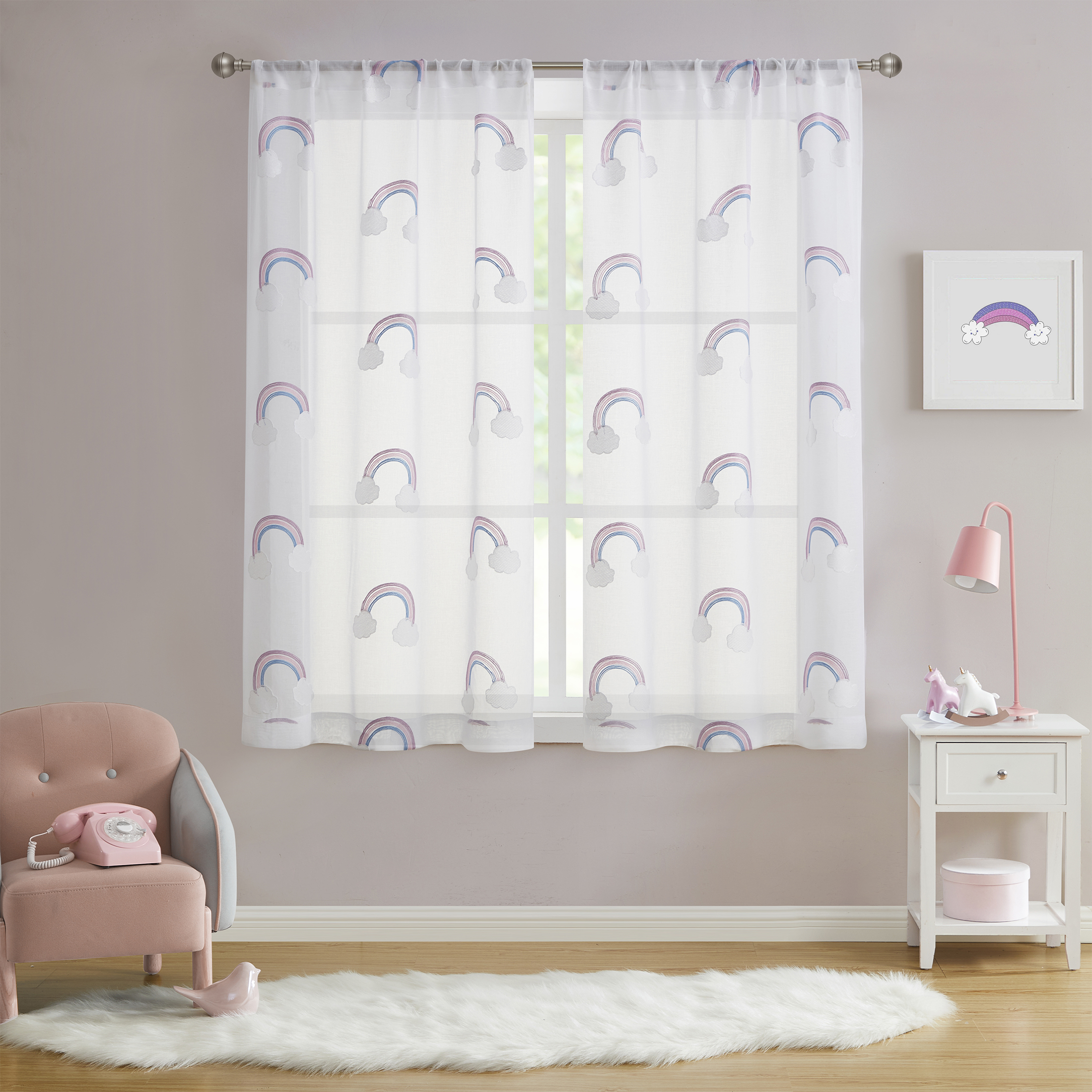 (2 pack) Your Zone Embroidered Rainbow Rod Pocket Sheer Single Curtain Panel, White/Multi, 38"W x 63"L