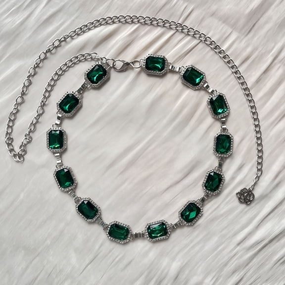 Zhuge 2-Pack Women’s Crystal Waist Chain Belt, Adjustable Shiny Dress Chain for Evening & Formal Wear,Green