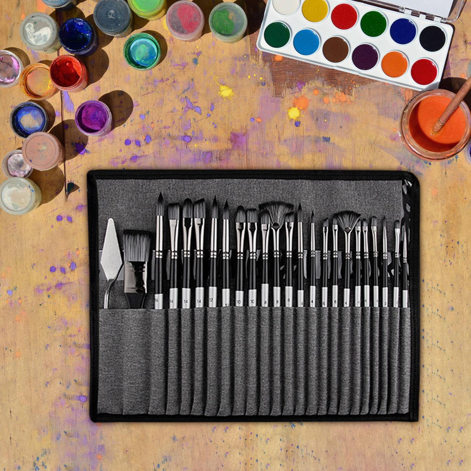 25Pcs Paint Brush Set Painting Brushes Professional Easy Cleaning Wood Handle Smooth Drawing Nylon Hair Paintbrushes with Storage Bag Gray