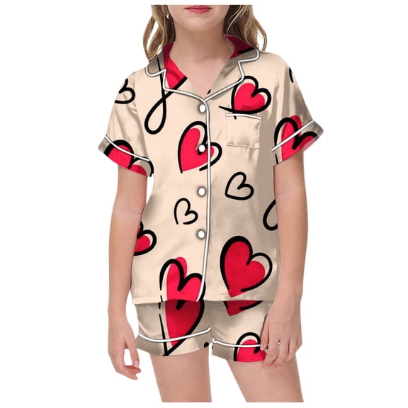 Silk Girls Pajamas Set Valentine's Day Pjs Heart Print Button Down Short Set Sleepwear for Children Shirt and Pant Matching Casual Children Loungewear 2 Piece Satin Pajama Sets(Hot Pink,8-9 Years)