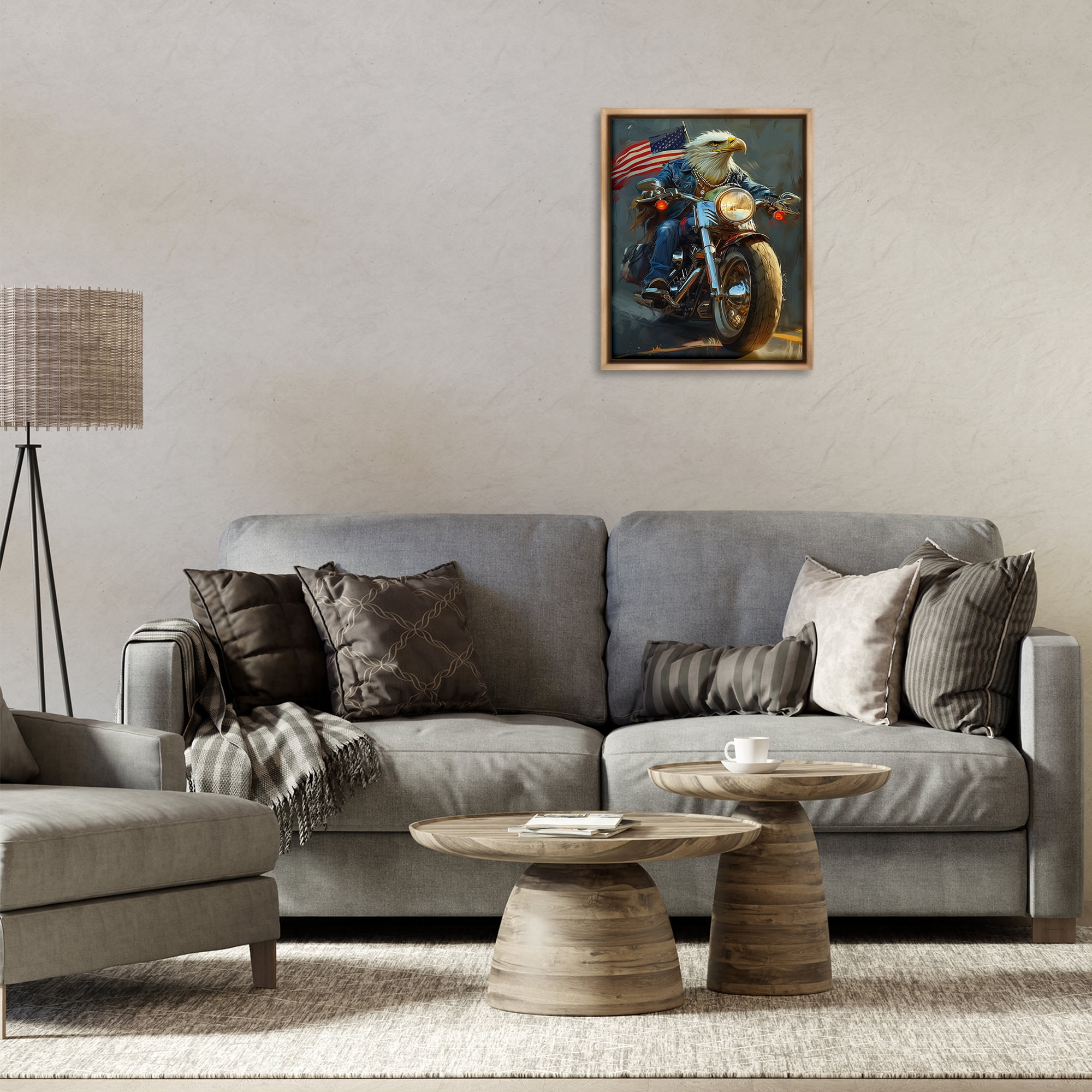 Stupell Industries Patriotic Eagle Motorcycle Transportation Painting Brown Floater Framed Canvas Art Print Wall Art, 17 x 21