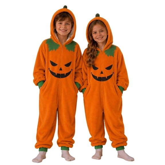 MEZZALL Kids Pumpkin Theme Onesie For Halloween Day With Festive Pumpkin Cute Cartoon Long Sleeve Jumpsuit For Children Pajamas Loungewear