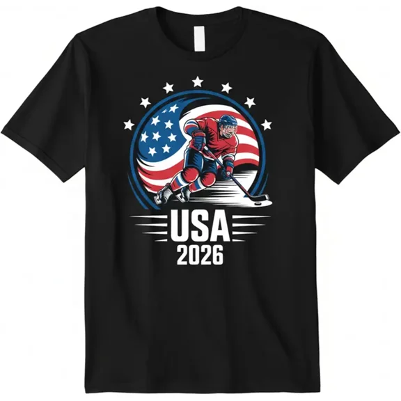 USA 2026 Ice Hockey Graphic T-Shirt Patriotic American Flag Sports Fan Apparel Retro Men's Women's Short Sleeve Tee