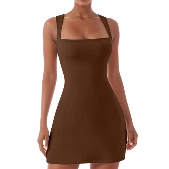 OSOLU Solid Color Women Square Neck Bodice Dress Sleeveless Tank Tops Stretch Flare Mini Dresses