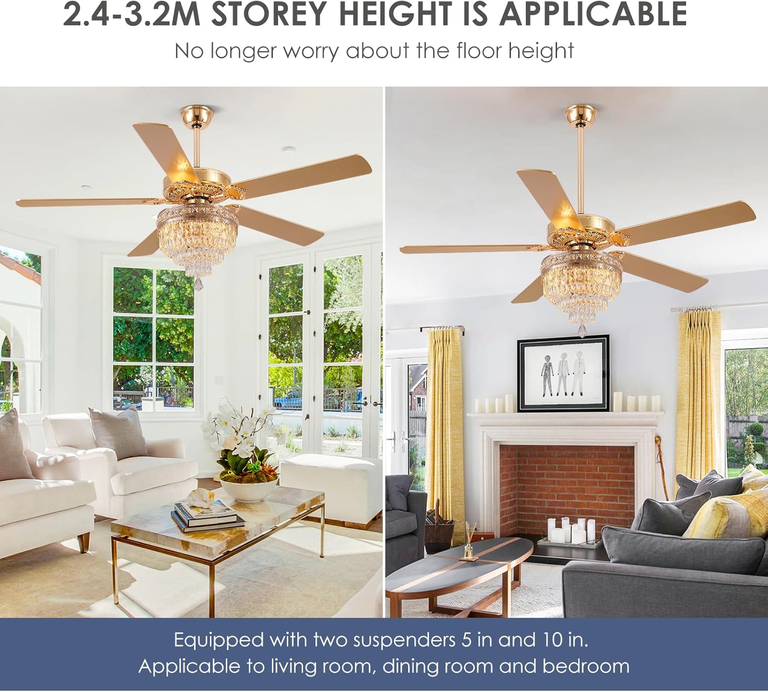 PHORUS 52" Crystal Ceiling Fan with Lights, Gold Fandelier, Remote Control, Silent AC Motor, Energy-Efficient, 3-Speed, Retro/Farmhouse Style for Living Room, Bedroom, Dining Room