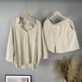 thumbnail image 2 of Womens Cotton Linen 2 Piece Outfits Long Sleeve V Neck Button Down Shirts Loose Shorts/Long Pants Comfy Lounge Sets, 2 of 7