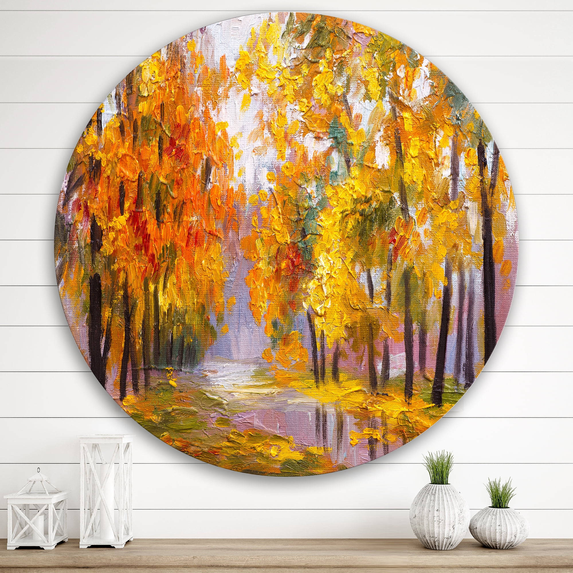 Designart 'Forest Full Of Fallen Leaves In Autumn Along River' Lake House Circle Metal Wall Art 36x36 - Disc of 36