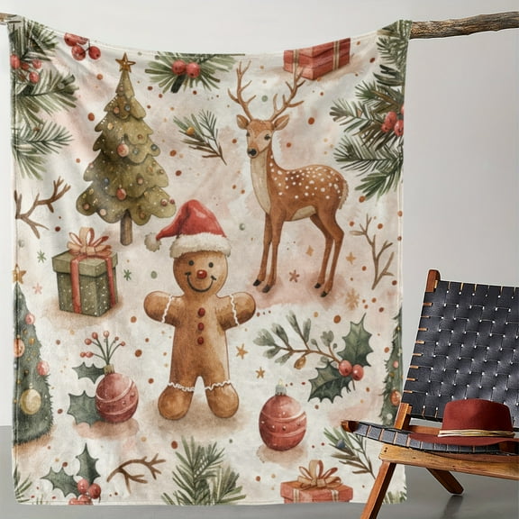 Vintage Flannel Throw Blanket with Gingerbread Man, Reindeer, and Christmas Tree Print - Cozy Soft Fleece Blanket for Sofa, Bed, Office, and Travel, All-Season Gift Blanket, Digital Printing, Polyest