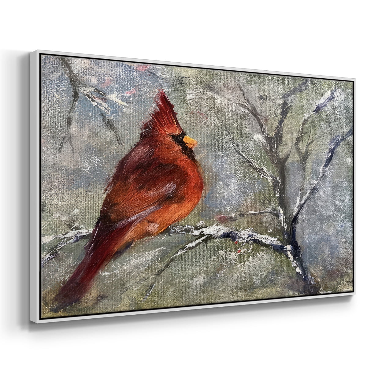 Cardinal in Snow II - Framed Gallery Wrapped Holiday Canvas - 25 x 37 - White Frame