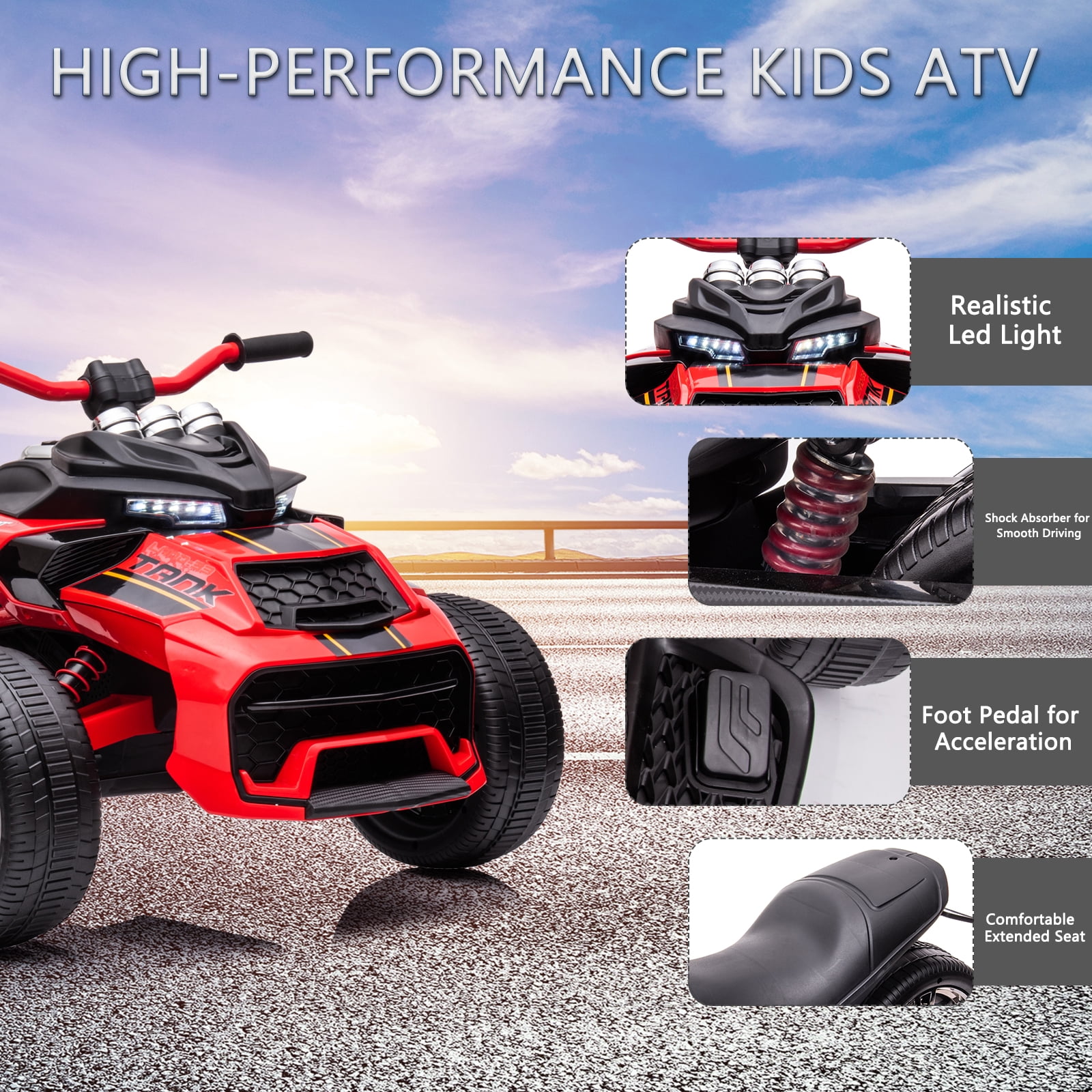 LUIBAS 24V Kids ATV Ride On Motorcycle Electric 3 Wheeler Ride-On Electric ATV Kids Ride On Toys for Kids with Battery Powered Motor, EVA Wheels, w/LED Lights, Bluetooth, MP3 for 3+ Years, Red
