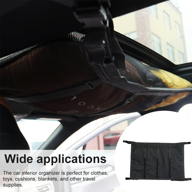 Adjustable Foldable Car Ceiling Net Pocket Space-Saving Cargo Roof Storage Bag Toys Organizer Automobile RV Trucks Travel Mesh Black Nylon
