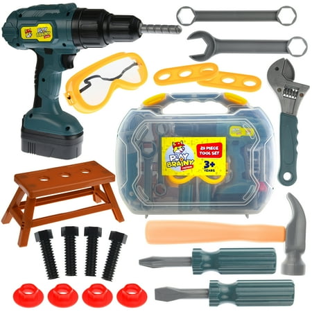 Play Brainy Pretend 28 Pc. Tool Kit with Working Power Drill and More. Boys and Girls, Ages 3 and up