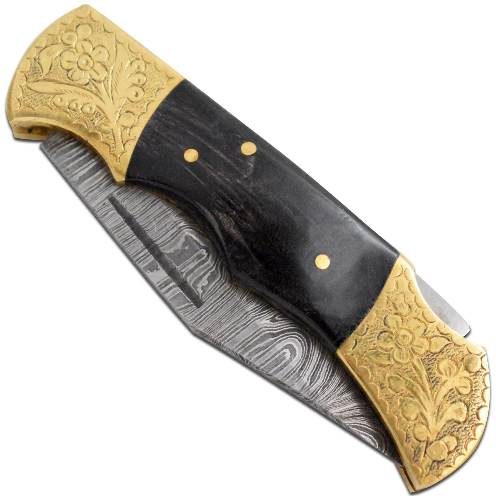Custom Damascus Steel Collection Engraved Brass Folding Knife