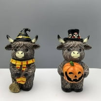 Summercome 2 Pcs Highland Cow Figurines Halloween Pumpkin Skull Spider Highland Cow Gnomes Scottish Resin Statue Calf Lovers Gifts for Halloween Home Garden Kitchen Office Tiered Tray Table Decor