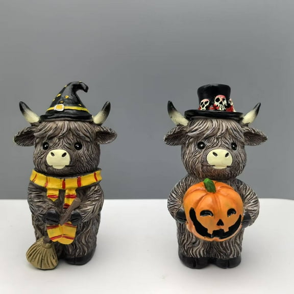 Summercome 2 Pcs Highland Cow Figurines Halloween Pumpkin Skull Spider Highland Cow Gnomes Scottish Resin Statue Calf Lovers Gifts for Halloween Home Garden Kitchen Office Tiered Tray Table Decor