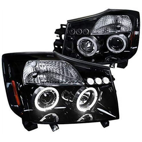 LED Halo Projector Headlight In Gloss Black Housing Smoke Lens Made For And Compatible With 2004 - 2015 Nissan Titan 2004 - 2007 Armada 04 05 06 07 08 09 10 11 12 13 14 15