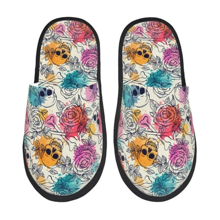

Fuzoiu Skulls and Roses Print Unisex Furry Slippers Plush Indoor Shoes Trendy House Slippers Anti-Skid EVA Sole House Shoes for Home Office and Travel -Medium