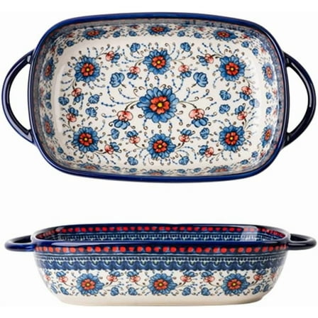 Blue and Oran Flower Vinta Style Ceramic Bakeware Casserole Dish Baking Pan Lasagna Pans with Handles for Oven/Cooking/Kitchen-1 PCS-22 OZ