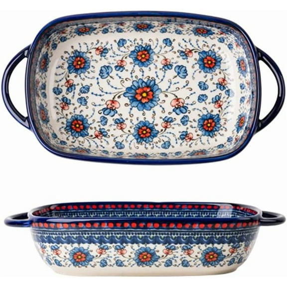 Blue and Oran Flower Vinta Style Ceramic Bakeware Casserole Dish Baking Pan Lasagna Pans with Handles for Oven/Cooking/Kitchen-1 PCS-22 OZ