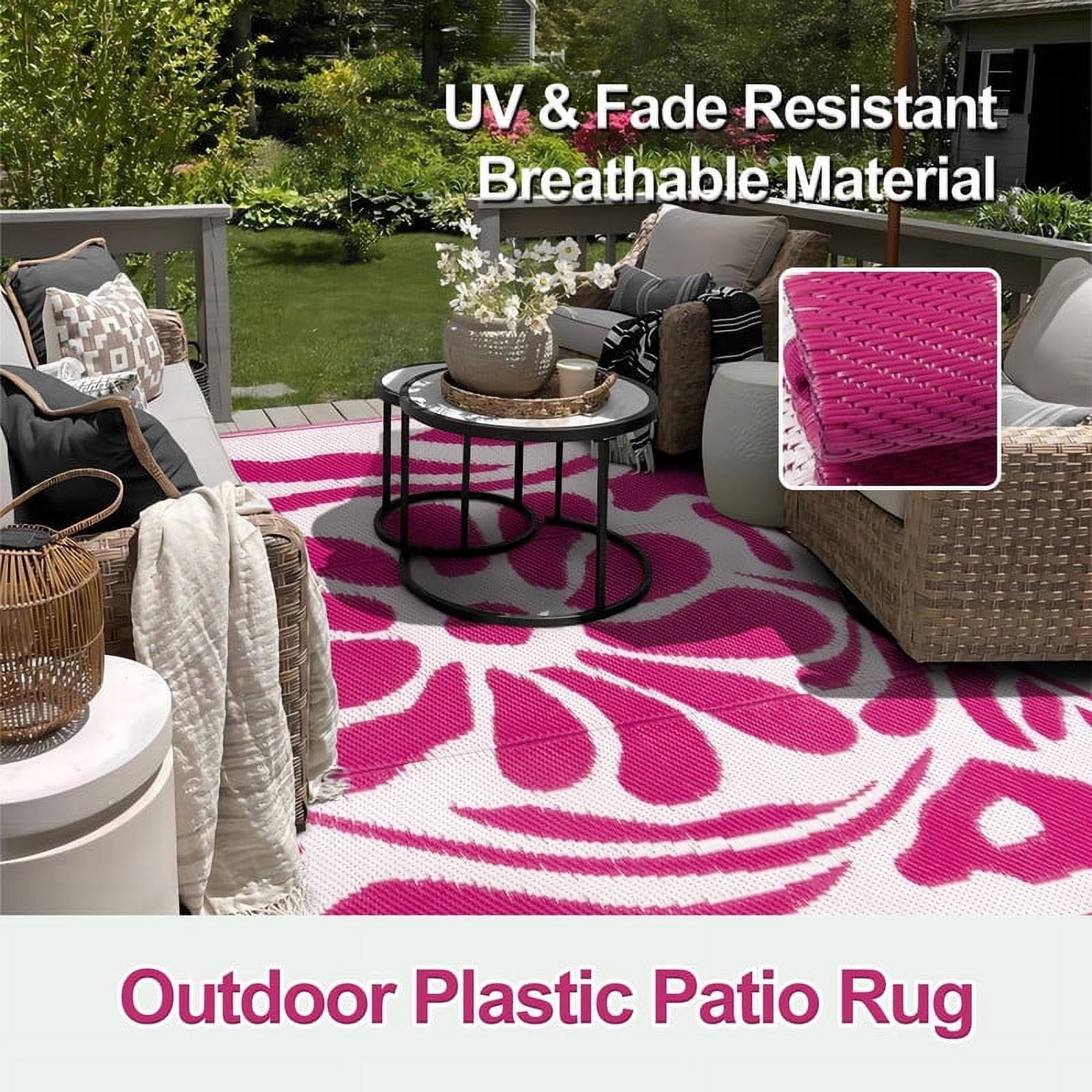 Wonnitar 6x9 Outdoor Rug Waterproof, Plastic Straw RV Rugs for Outside, Large Portable RV Outdoor Carpet，Pink Floral Rug for Picnic Garden Patio