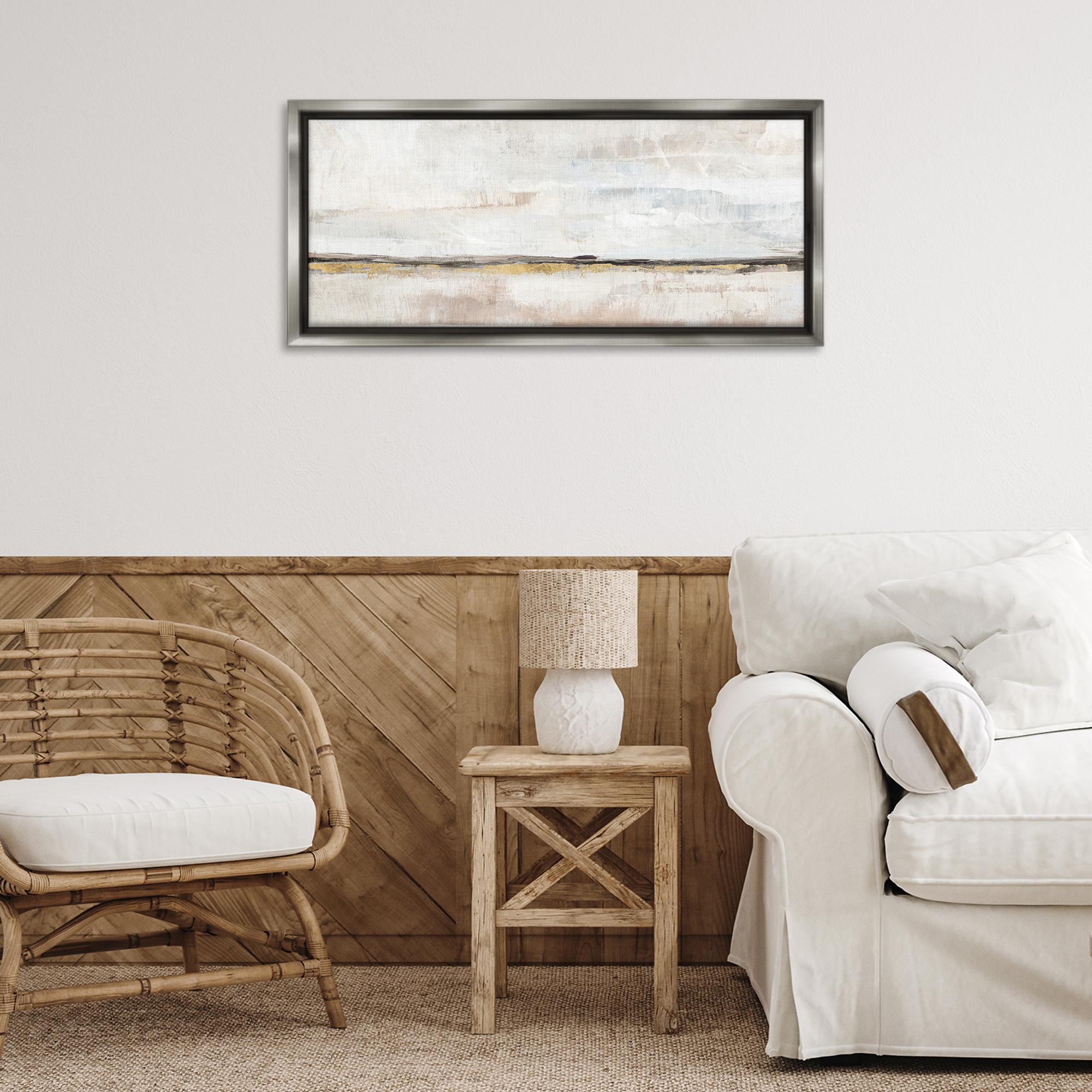 Stupell Industries Neutral Horizon Landscape Abstract Painting Gray Floater Framed Canvas Art Print Wall Art, 31 x 14