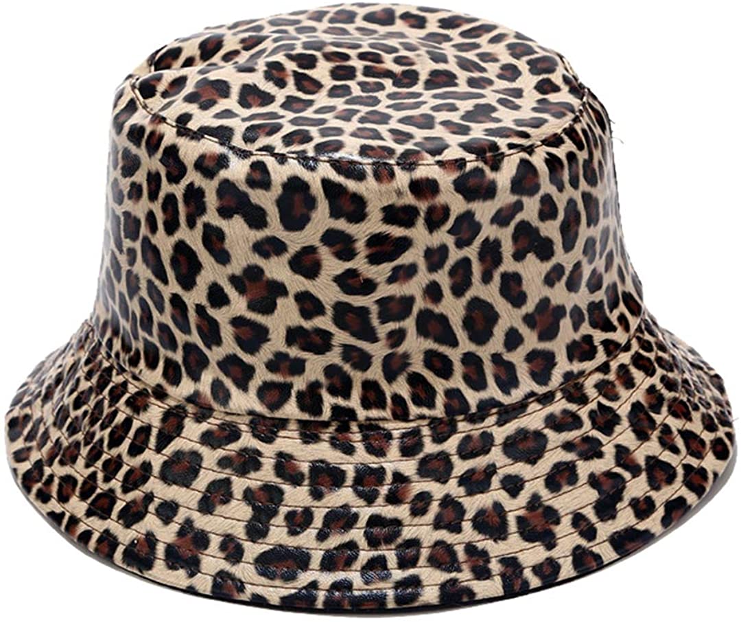 Leopard Print Bucket Hat PU Leather 