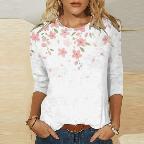 Sakmal 3/4 Sleeve T Shirts for Women Pink Floral Print Crew Neck Floral T-Shirts T Shirts for Women
