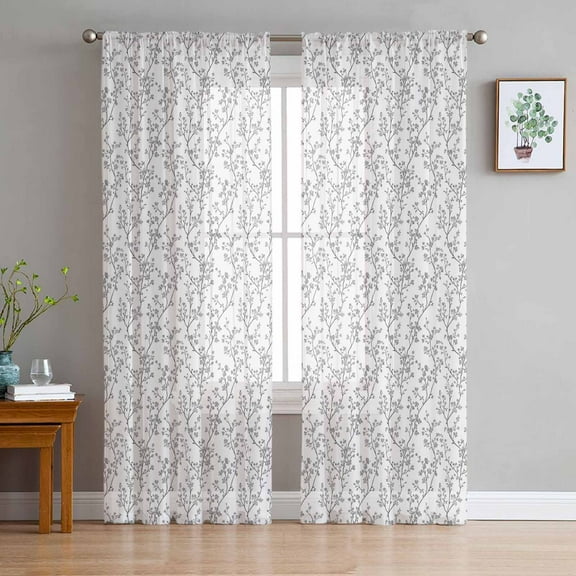 Grey Flower Leaf Sheer Curtains 63 Inches Length 2 Panels Set, Window Sheer Curtains for Living Room/Bedroom, Botanical Plant Floral Tree Branch Light Filtering Rod Pocket Curtain 52'' x 63'' x 2