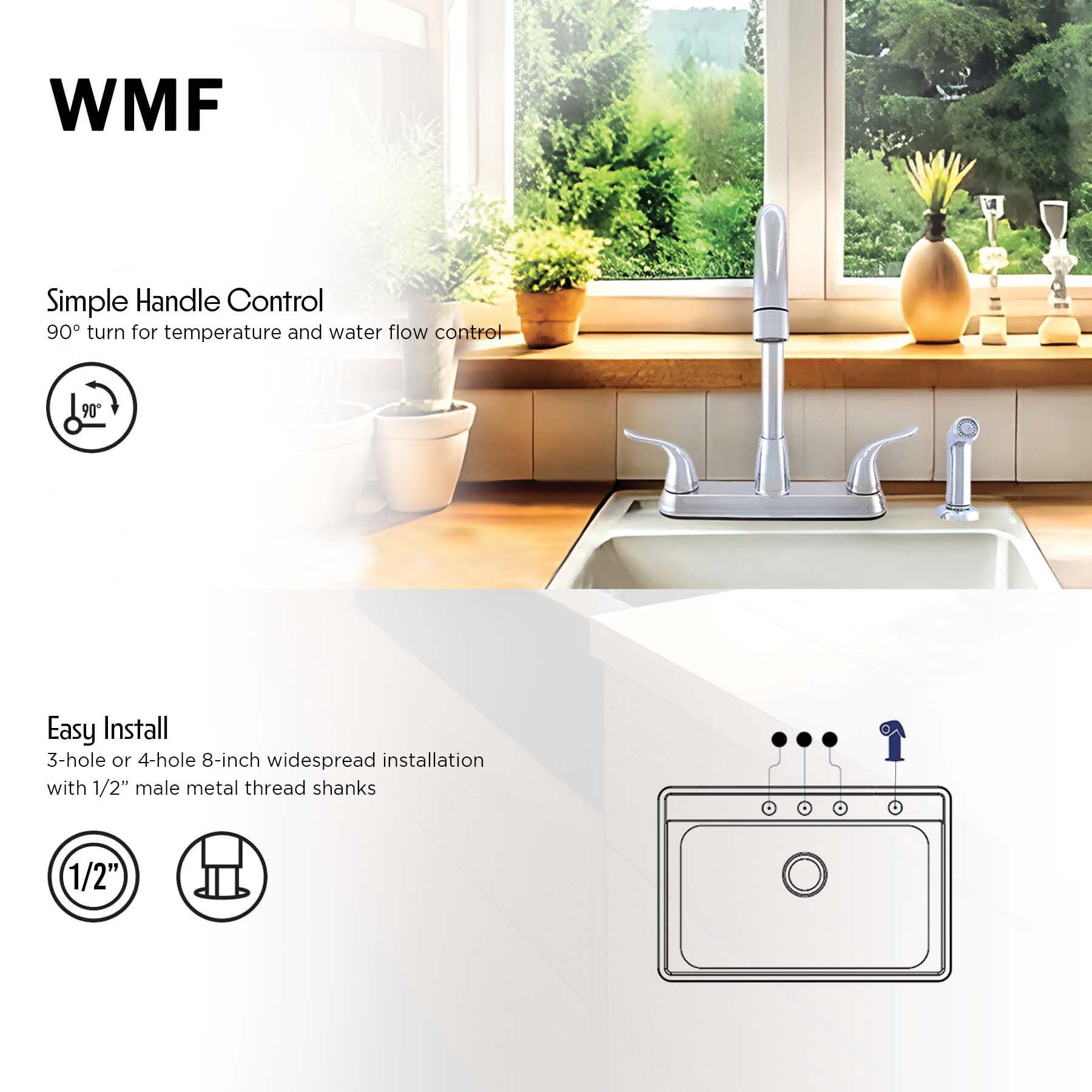 WMF-8235GNZMLP-CP - Hybrid Metal Deck Kitchen Sink Faucet 360 Degree Swivel High Spout Washerless Cart.Double Handle with Side Spray
