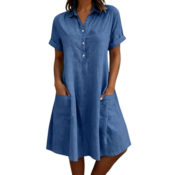 Ahabrexf Womens Summer Collared Shirt Dresses, Short Sleeve Button Front Natural Fiber Linen Shirt Dress with Side Pockets for Casual Wear