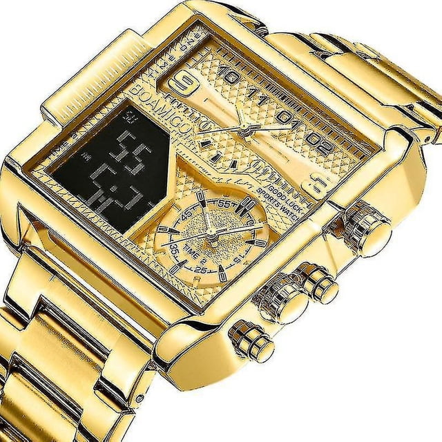 Relojes de lujo a la moda para hombre, reloj de cuarzo grande analógico Digital cuadrado deportivo de acero inoxidable dorado para