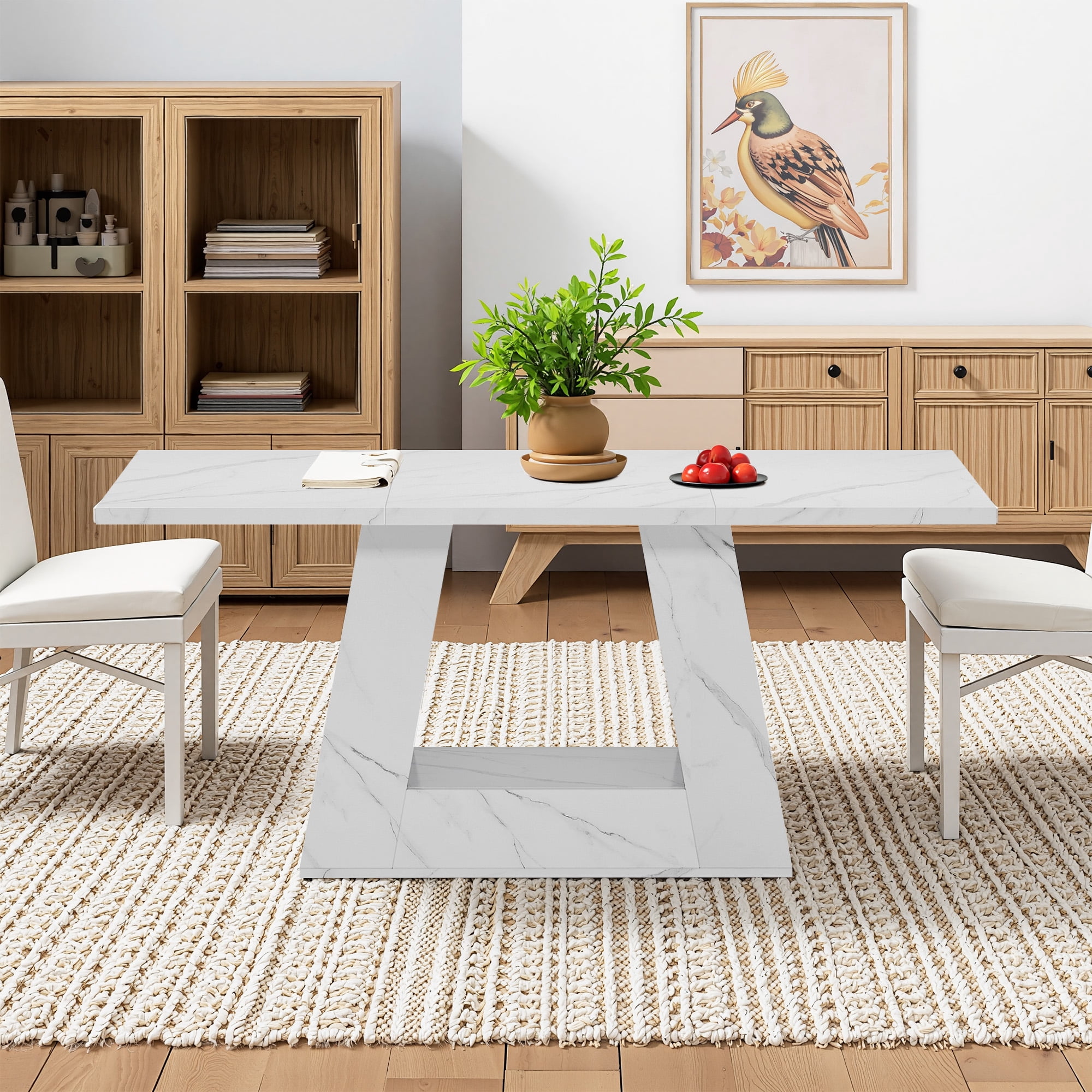 MAYEERTY 63" Faux Marble Dining Table for 4-6 People, Modern Kitchen Table with Trapezoidal Legs, Multi-Purpose Desk & Easy Assembly for Home