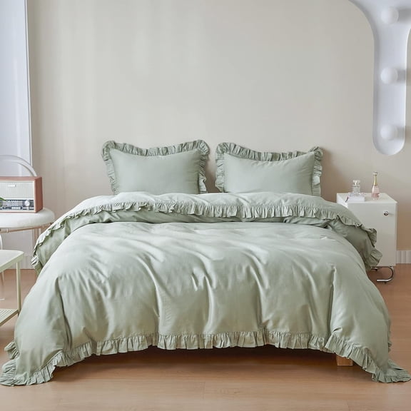 Simple&Opulence Kids Sage Green Cotton Duvet Cover with Ruffled Twin(68"x 86")- 2 Pieces Organic High End Floral Frill Lightweight Solid Color Bedding Comforter Cover with 1 Pillowcase