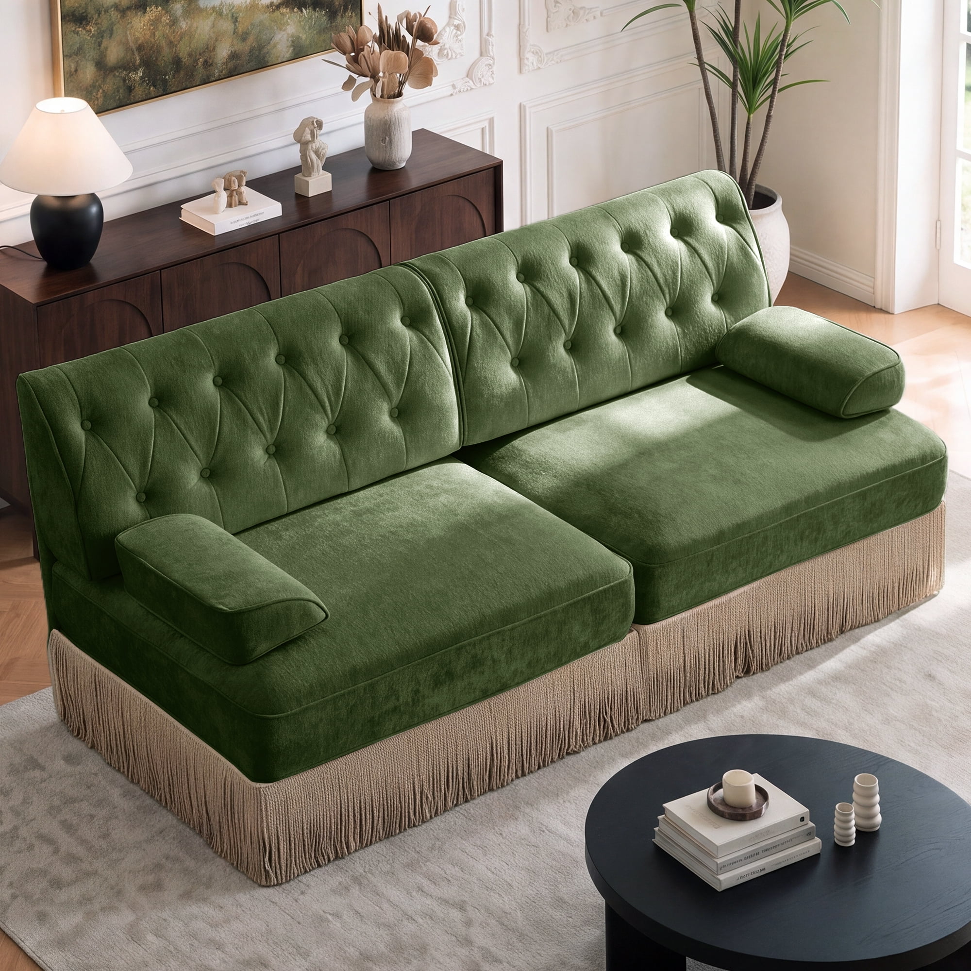 76" Velvet Chesterfield Loveseat Sofa, Button Tufted Design, Tassel Fringe Skirt, Easy to Assemble