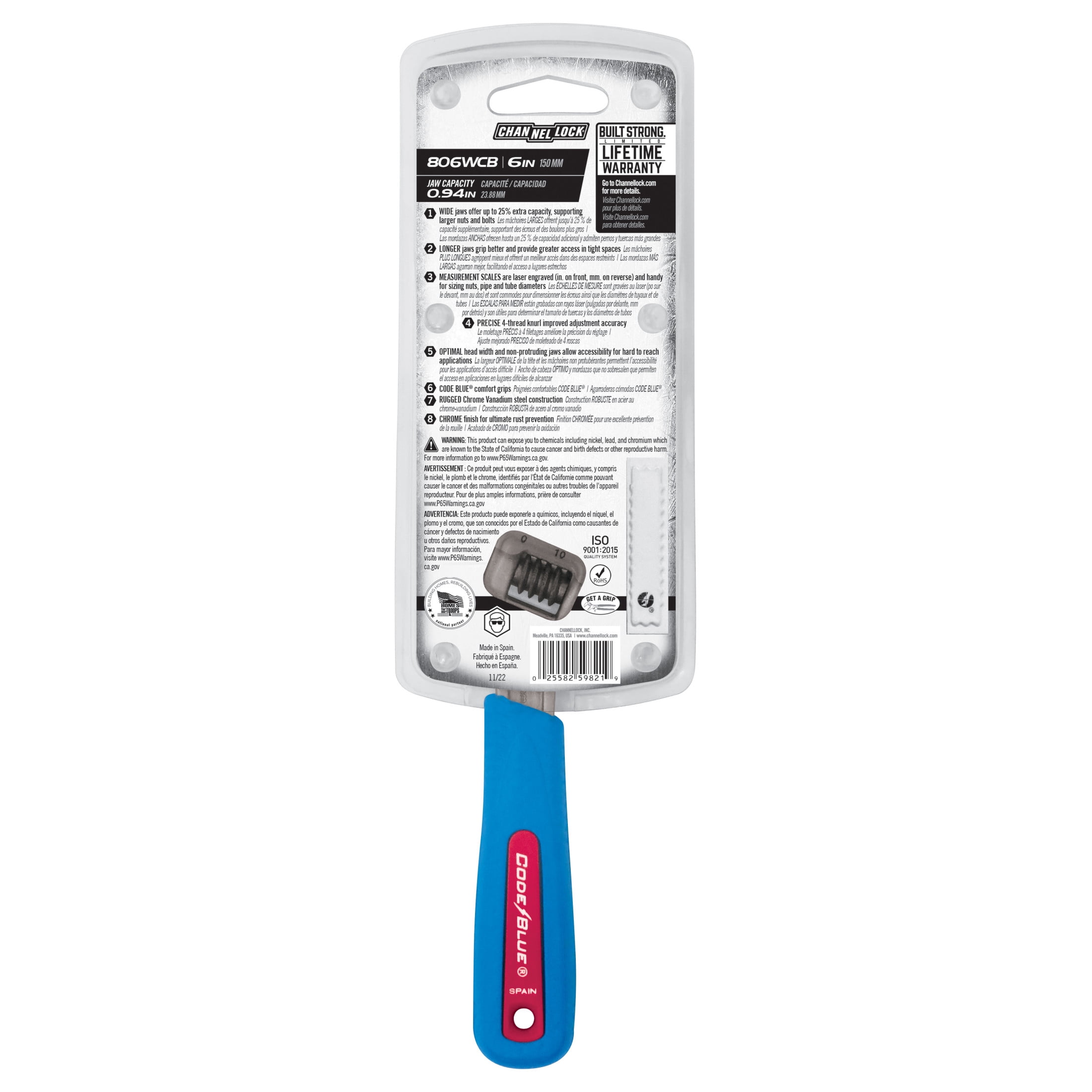 CHANNELLOCK 6-inch CODE BLUE Adjustable Wrench, Precise .94-inch Wide Mouth Jaw Capacity (806WCB)