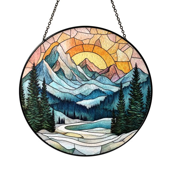 Alpine Snow Mountain Glass Suncatcher Panel, Stained Glass Style Scenic Window Hanging Art, Decorative Accent
