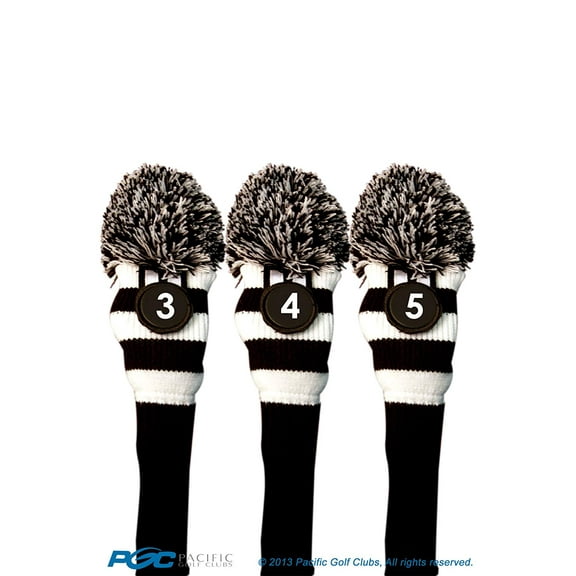 Majek #3, #4, & #5 Hybrid Combo Pack Rescue Utility Black & White Golf Headcover Knit Pom Pom Retro Classic Vintage Head Cover