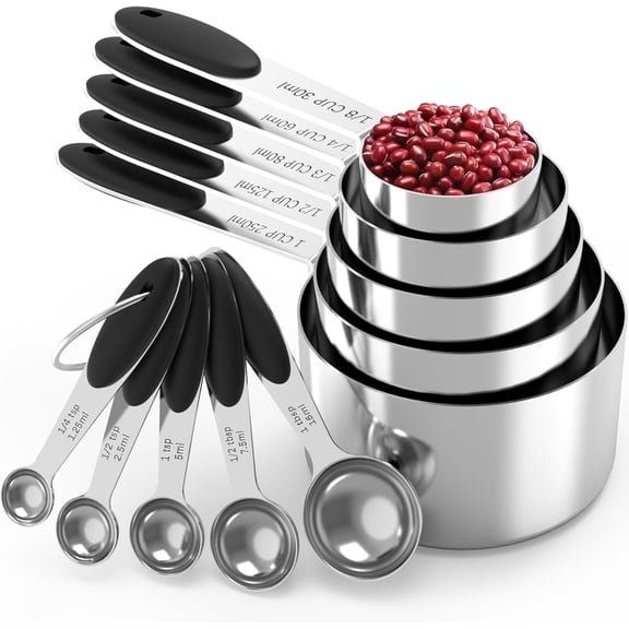 Minteem 10-Piece Stainless Steel Measuring Cups and Spoons Set with Silicone Handles,Black