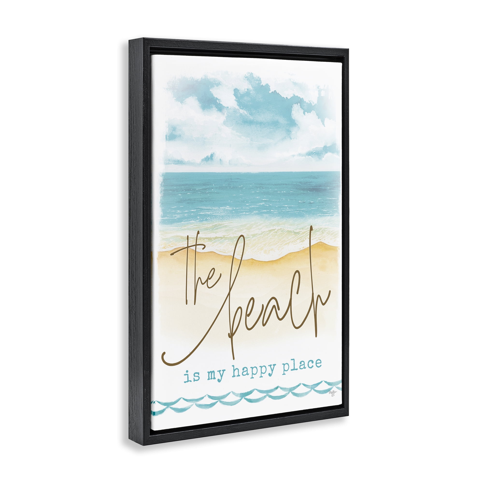 Stupell Industries Beach is Happy Place Text & Numbers Painting Black Floater Framed Canvas Art Print Wall Art, 17 x 25